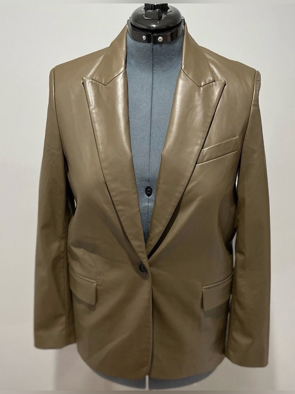 Zara Olive Vegan Leather Single-Button Blazer